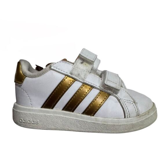 Adidas White & Gold Classic Striped Leather Sneakers - Picture 1 of 6